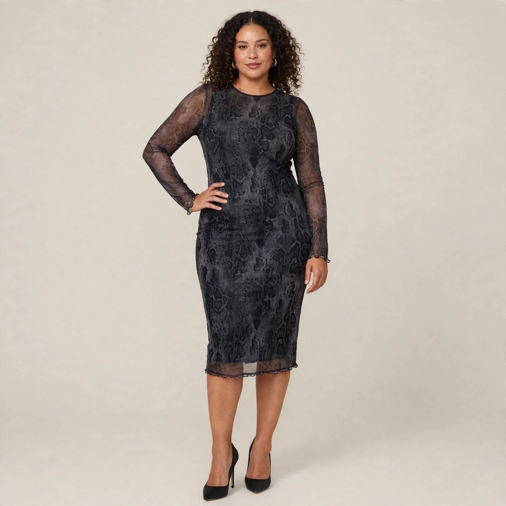 Edited by Remi Bader Snake Print Mesh Midi Dress Grey Long Sleeve 7ER6001 Large